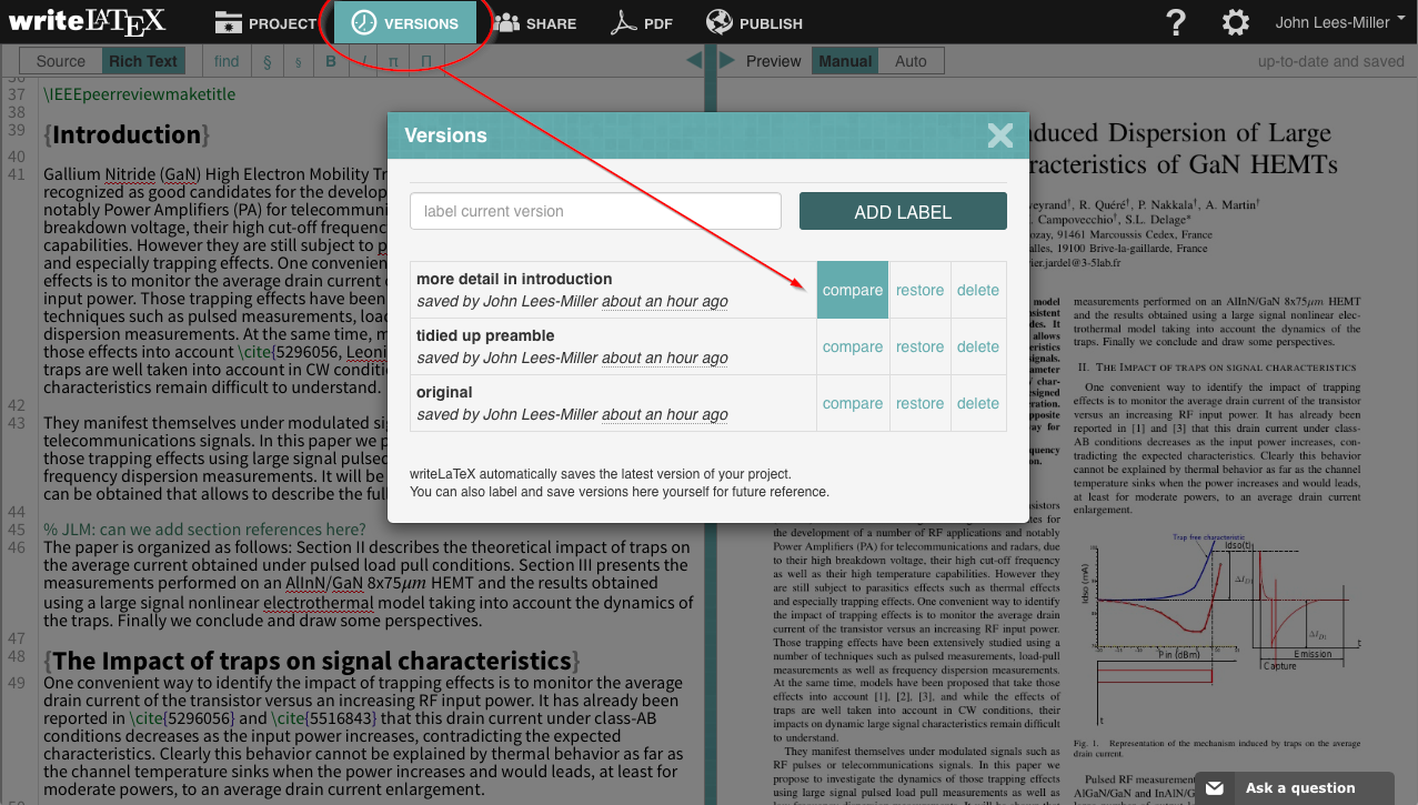 Writelatex version comparison diff screenshot