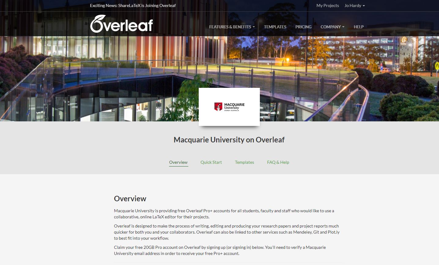 Screenshot showing Macquarie University’s custom Overleaf portal