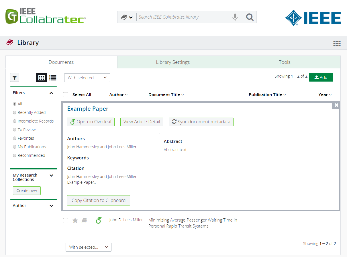 IEEE Collabratec screenshot showing Overleaf metadata integration