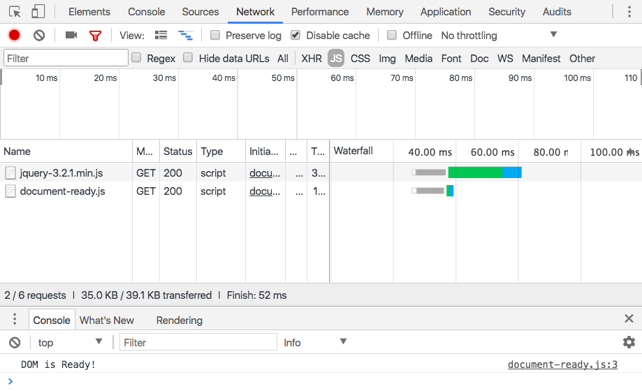 Network window filtered to show the order of script files loaded.