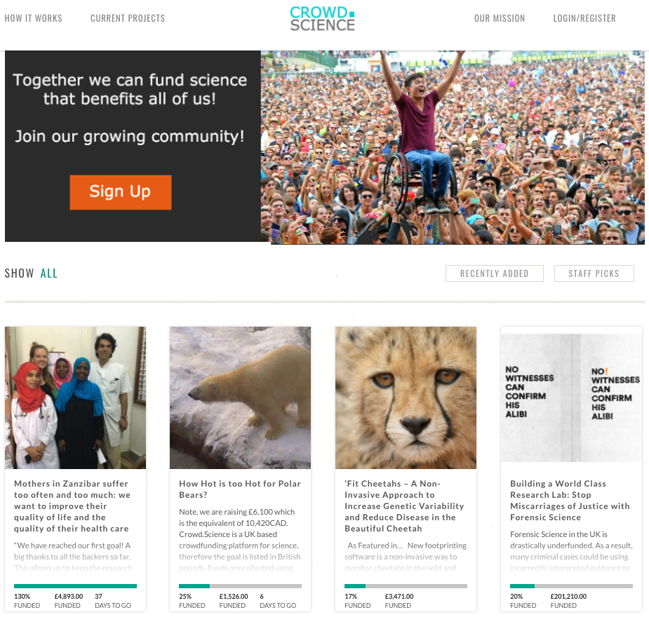 The Crowd.Science platform home page.