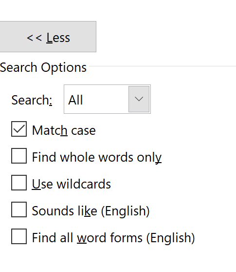 Extra options in Find and Replace, with 'Match case' selected