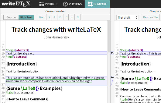 Writelatex version comparison diff screenshot