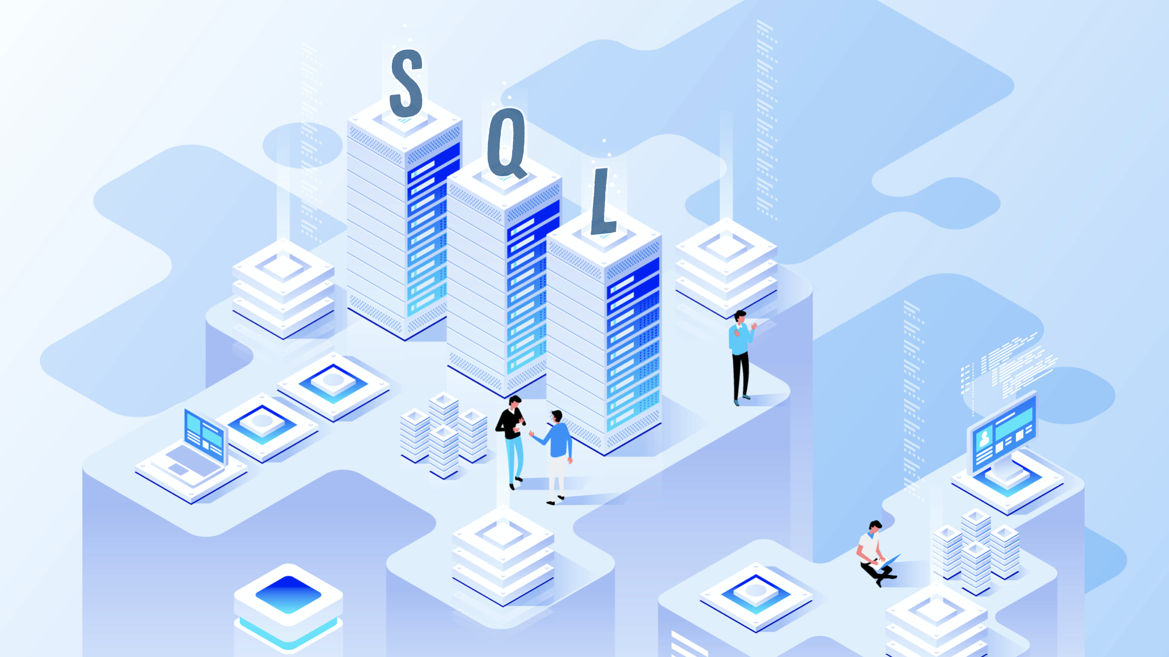 Global database. Isometric Technology Landscape. Database developer work place image. Oracle database developer background image for LINKEDIN.