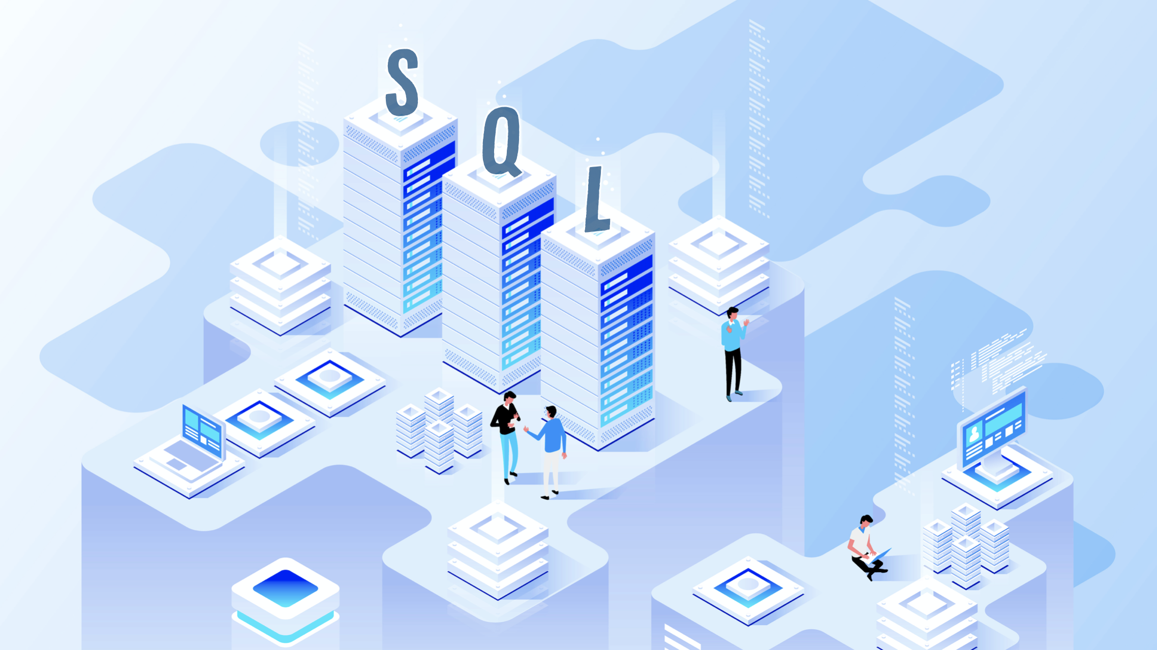 Бесплатную topic. SQL Bootcamp. Global database. Isometric Technology Landscape. Database developer work place image.