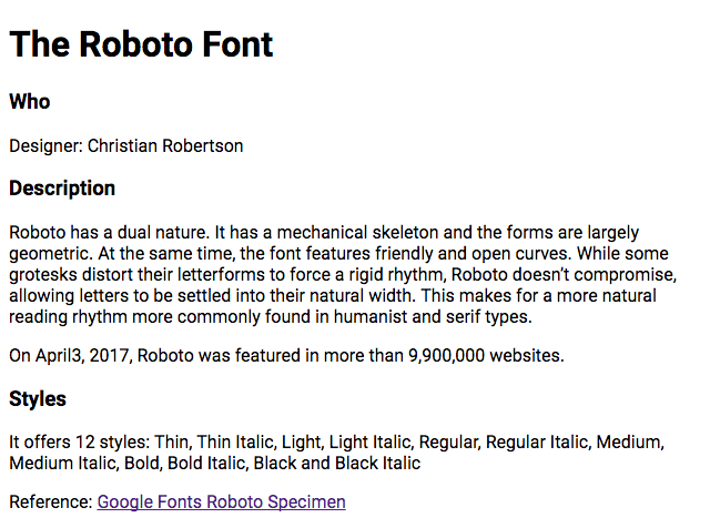 Practice file in web browser showing the Roboto Bold 700 font style for the h1 and h3 elements.