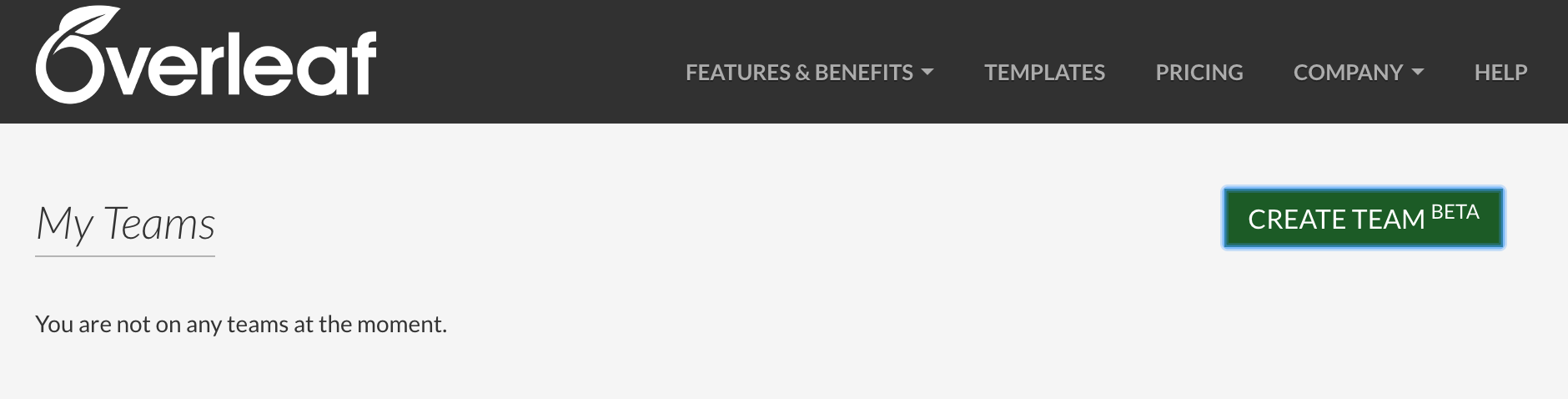 Create team (beta) button on Overleaf