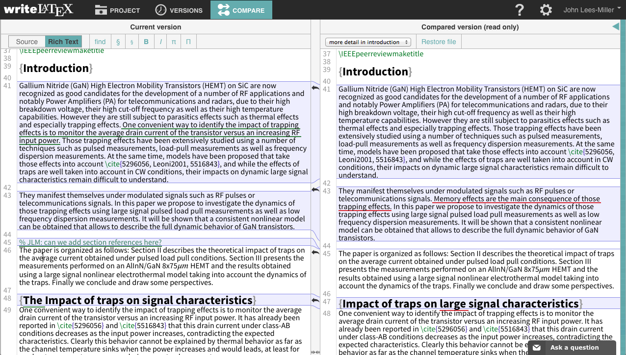 Writelatex version comparison diff screenshot