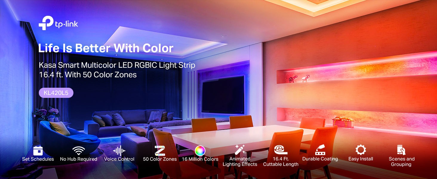 Kasa Smart LED Light Strip, 50 Color Zones RGBIC, 16.4 ft. Wi-Fi