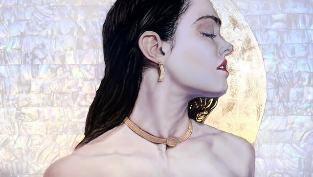 image: Title: Heather Anne Medium: Oil painting on wood with 21k and 22k golds, shell.