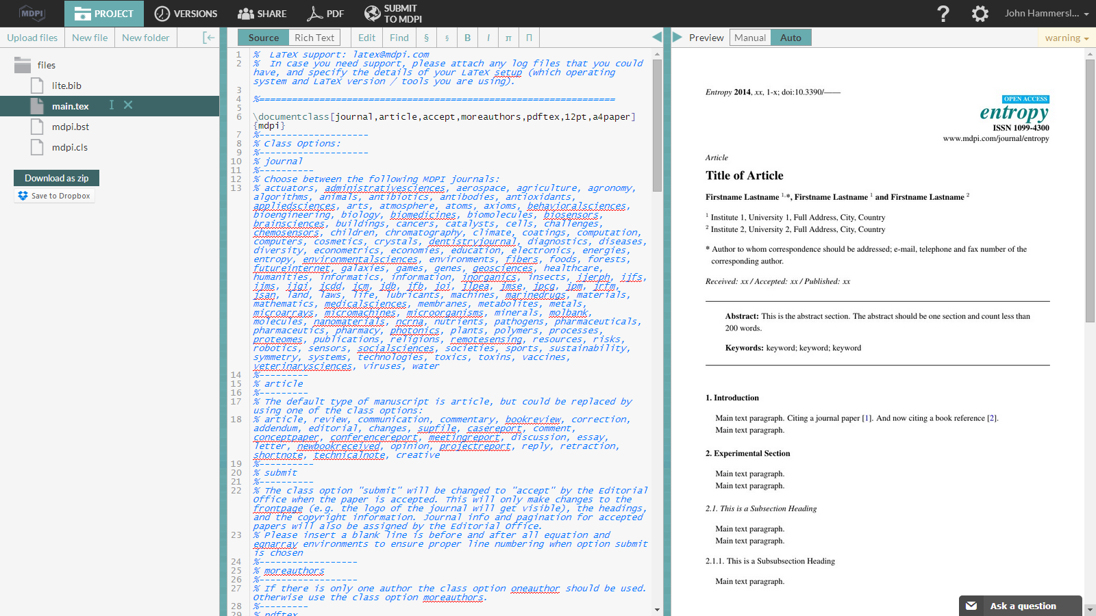 WriteLaTeX MDPI publish submission screenshot 2