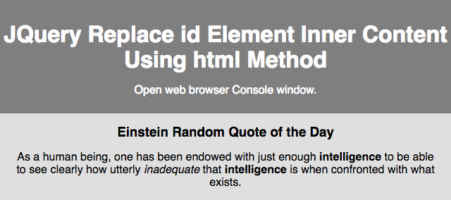 Web view after using the Console interactive mode to update the #e-quote element with the html method.