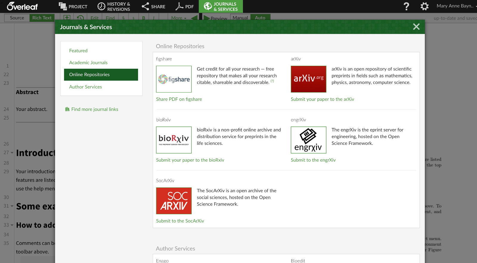 Journals and Services menu in Overleaf