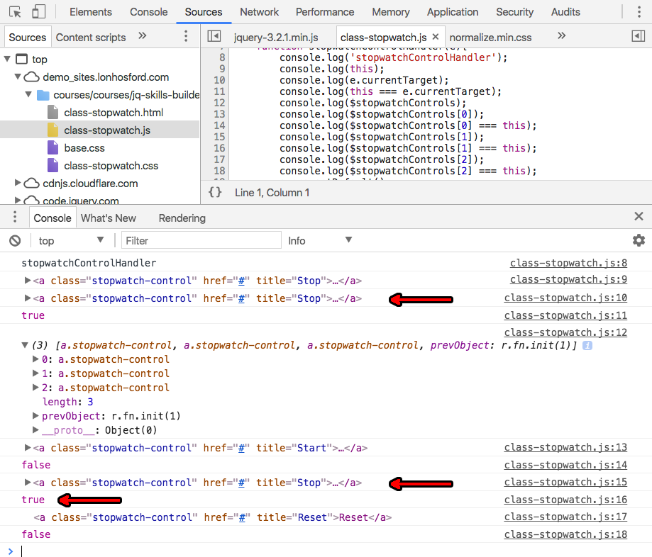 Sources and Console views examining the this and $stopwatchcontrols[1] objects.