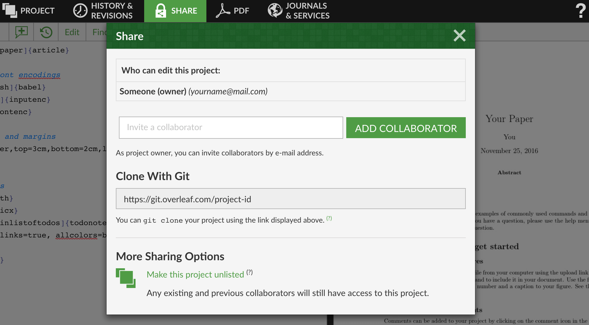Protected project share screenshot