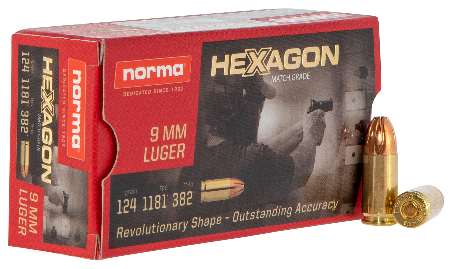Norma Ammunition (RUAG) 299140050 Hexagon  9mm Luger 124 gr Hexagon 50 Per Box/20 Cs