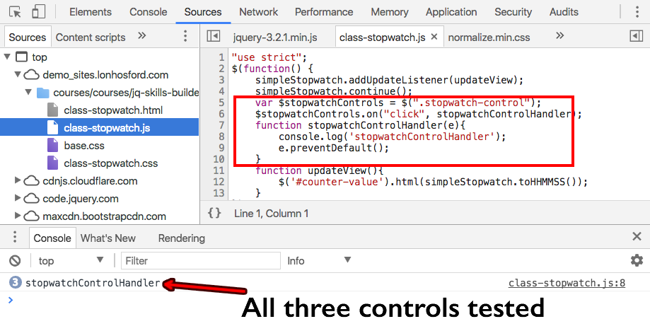 Sources and Console views of on .stopwatch-control on click event code.