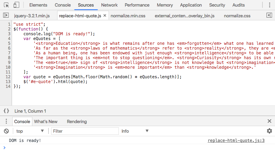 Sources view after adding the html method to update the #e-quote element.