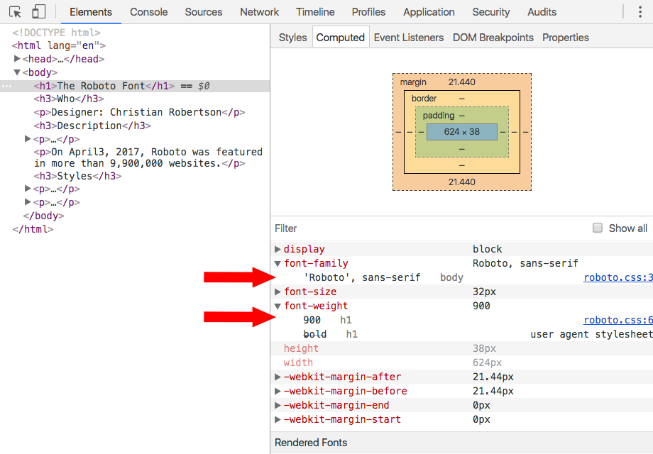 Chrome inspect h1 element using the Roboto Black 900 font.
