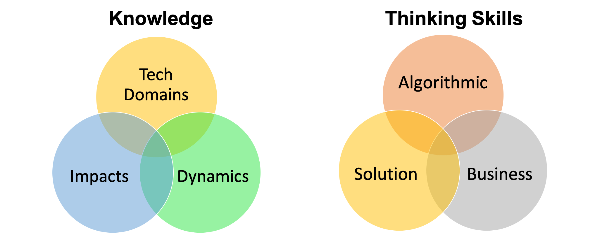 Knowledge: Tech Domains, Impacts, Dynamics. Thinking Skills: Algorithmic, Solution, Business.