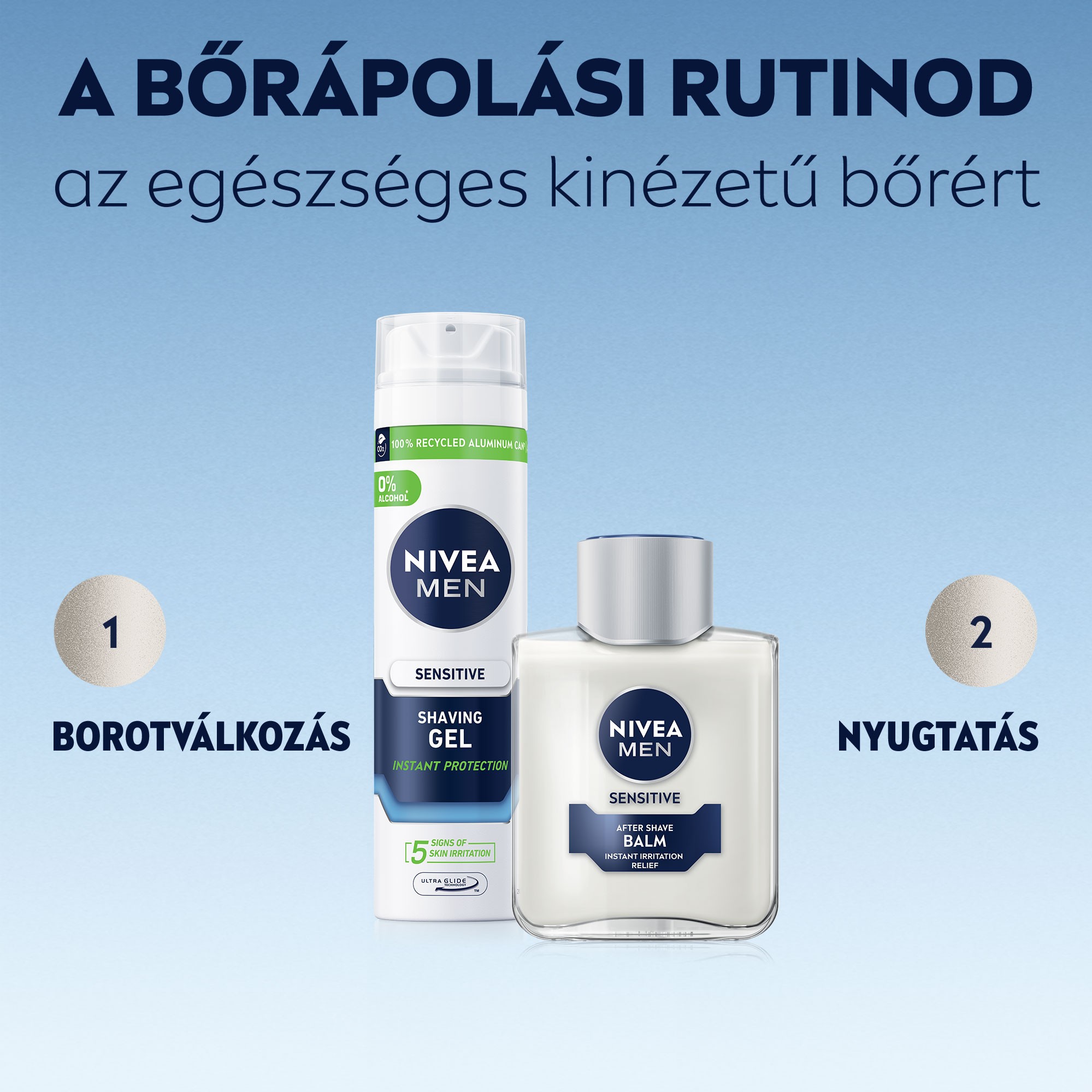 A bőrápolási rutinod az egészséges kinézetű bőrért; NIVEA MEN Sensitive borotvagél és NIVEA MEN Sensitive Aftershave Balzsam