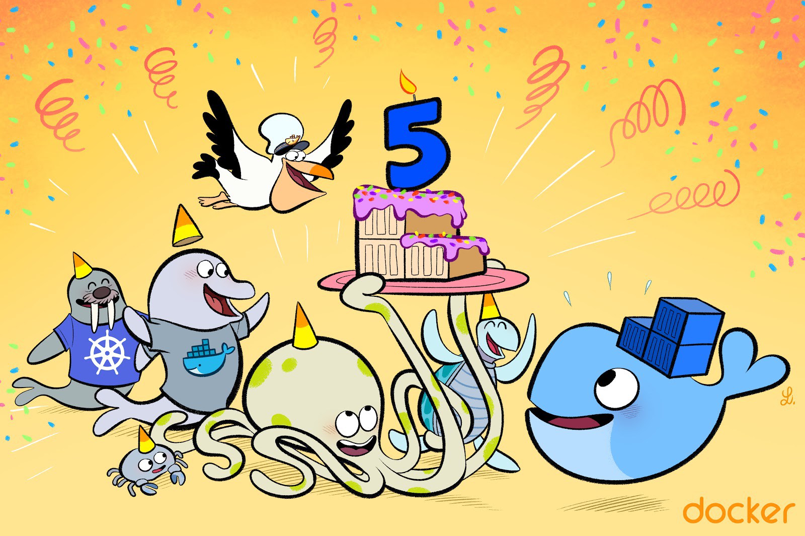 Cartoon showing Docker mascots and a birthday cake with the number 5