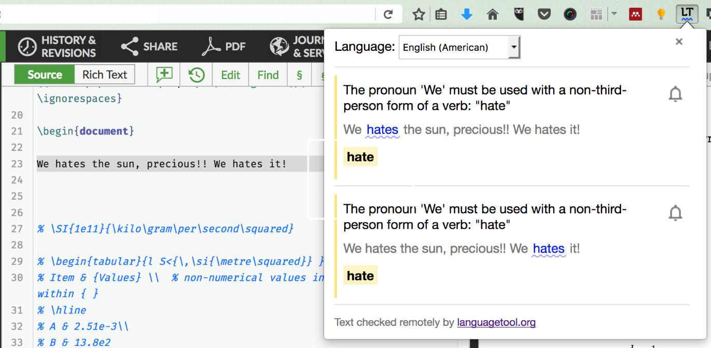 Screenshot showing the LanguageTool browser plugin being used in the Overleaf editor.