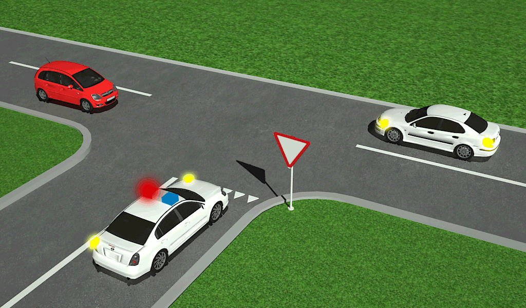Jei policijos automobilis su įjungtais švyturėliais, bet be specialiųjų garso signalų, jis pirmenybės neturi. Šiuo atveju pirmas važiuoja raudonas, po to baltas ir galiausiai policijos automobilis.