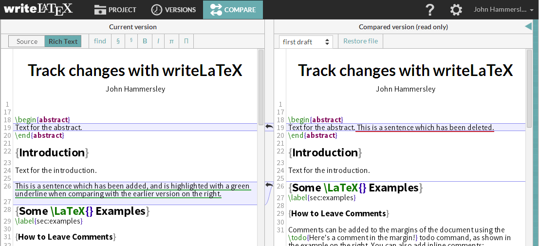 Writelatex version comparison diff screenshot