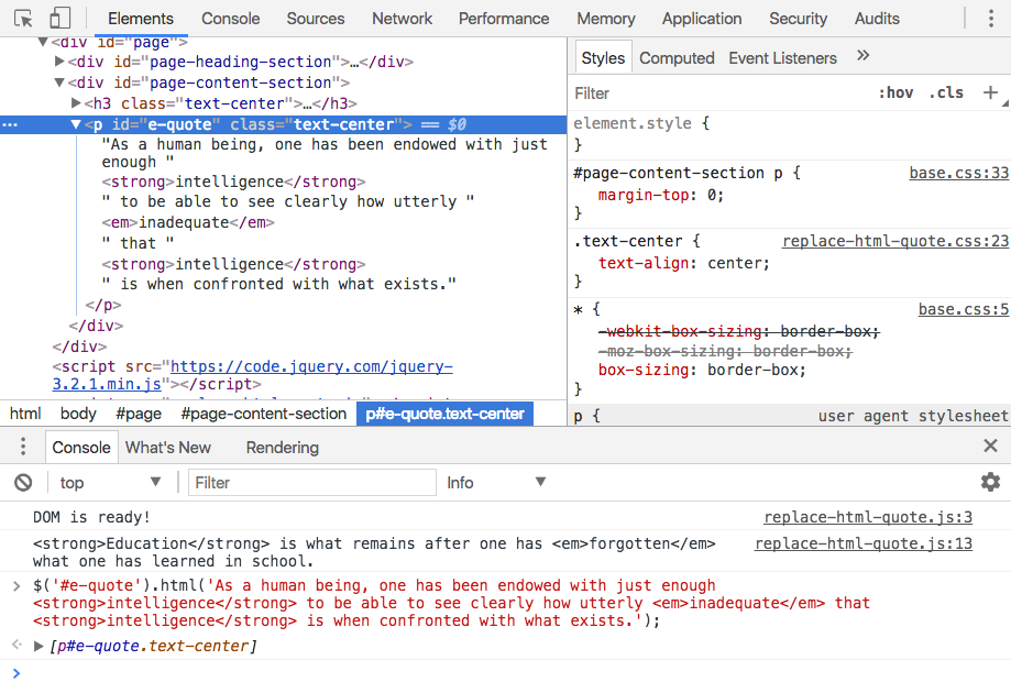 Console and Elements view after using the Console interactive mode to update the #e-quote element with the html method.