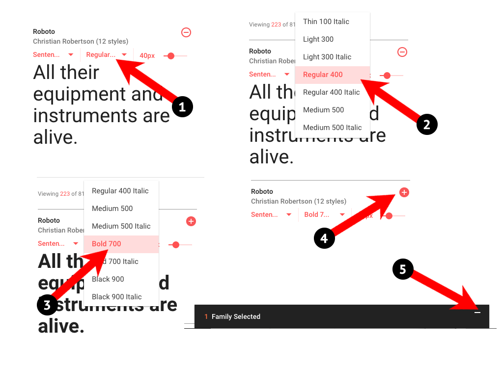 Steps for adding Roboto Bold 700 at Google Fonts site.