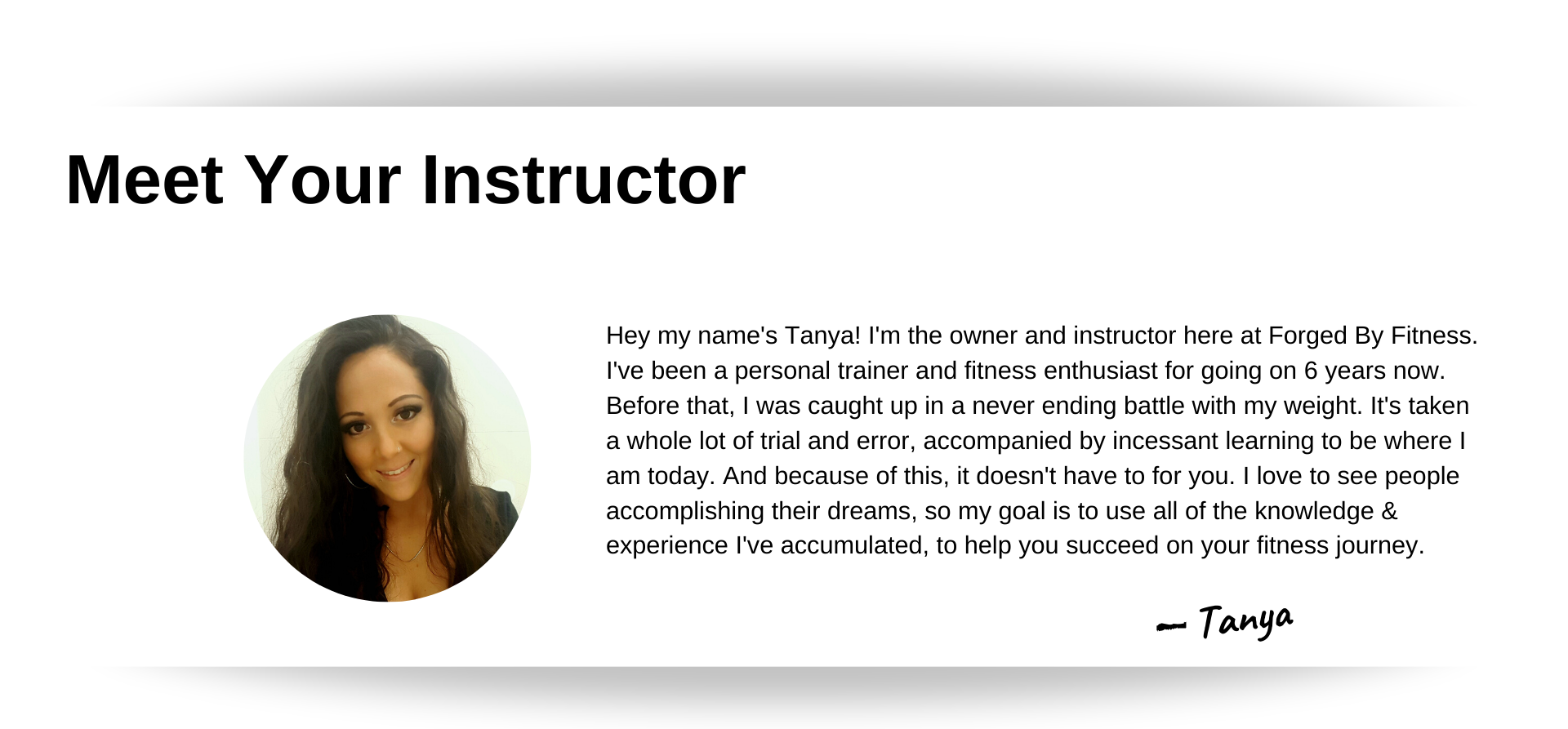 alt=&quot;titled &quot;meet your instructor&quot; with attractive young woman,smiling, with long brown hair and a black top, with information about her as a personal trainer and her goals for her students, to the left side&quot;