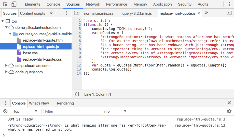 Console window showing the random quote and the Sources window showing the starting Javascript.