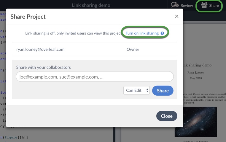 Share button and turn on link sharing