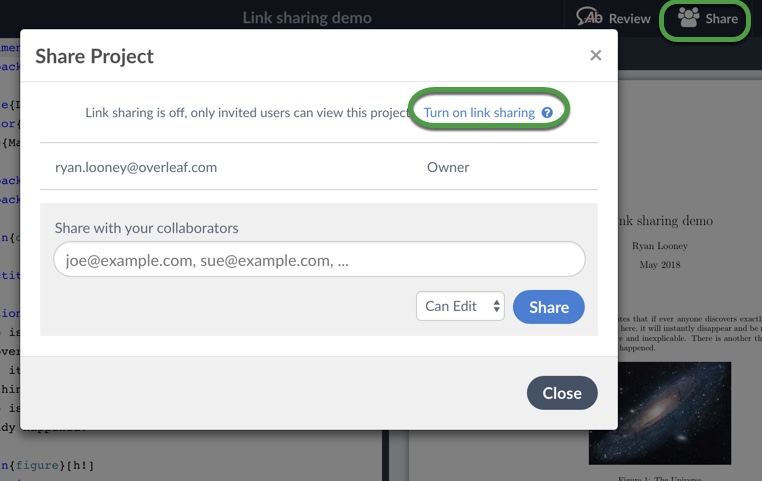Share button and turn on link sharing