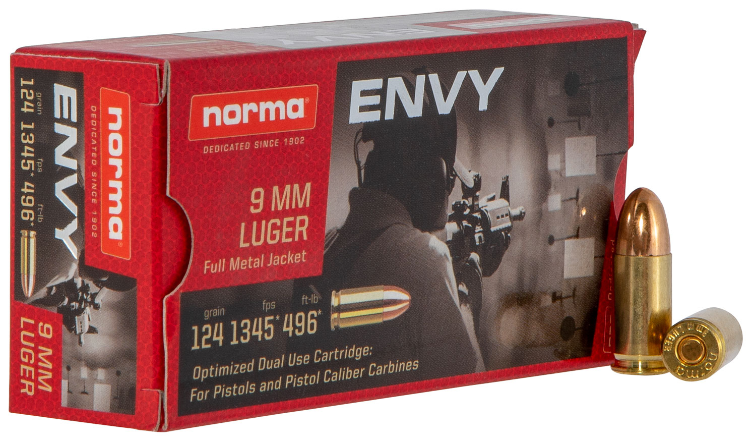 Norma Ammunition (RUAG) 299440050 Envy  9mm Luger 124 gr Full Metal Jacket (FMJ) 50 Bx/ 20 Cs