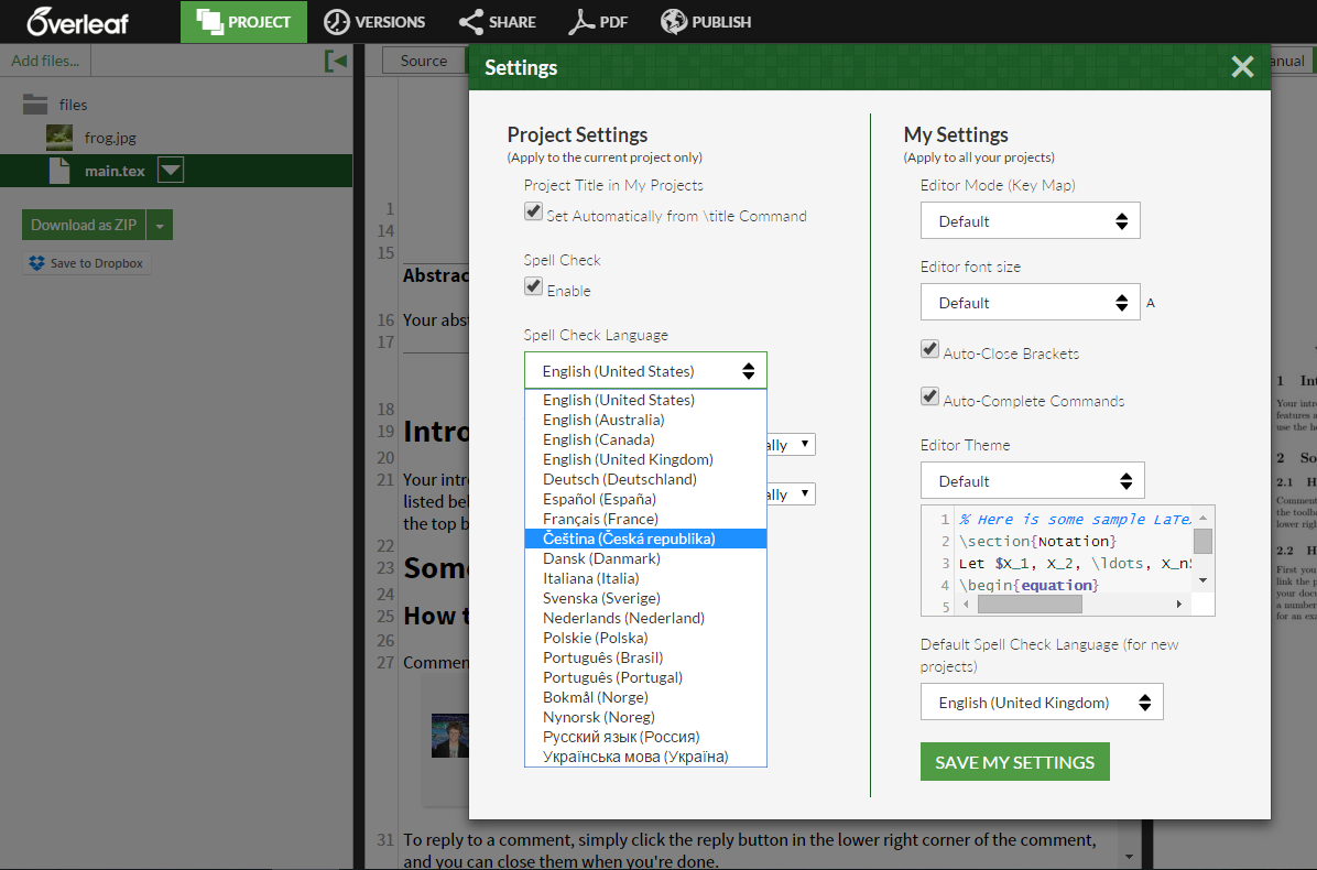 Overleaf spell check language option project setting screenshot