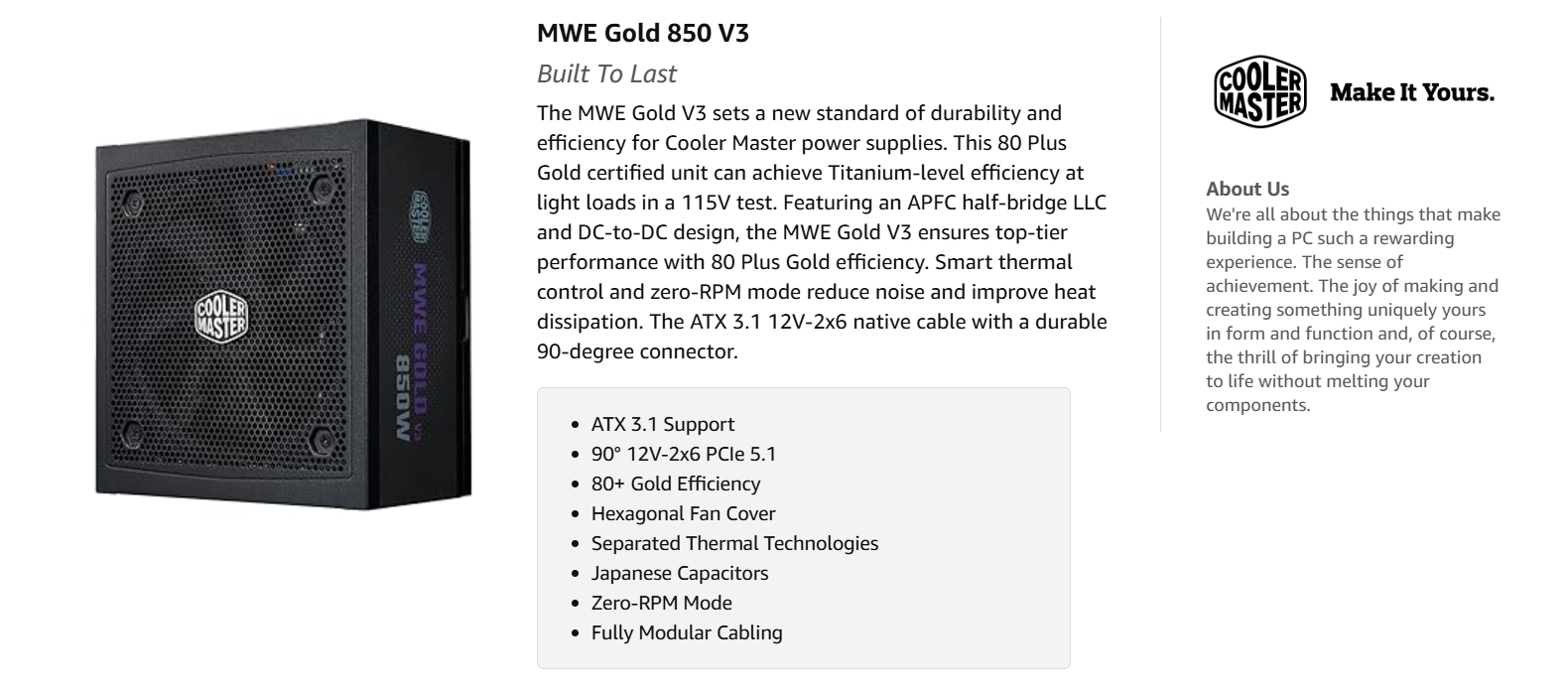 Cooler Master MWE Gold 850 V3 Fully Modular Power Supply - 850W 80
