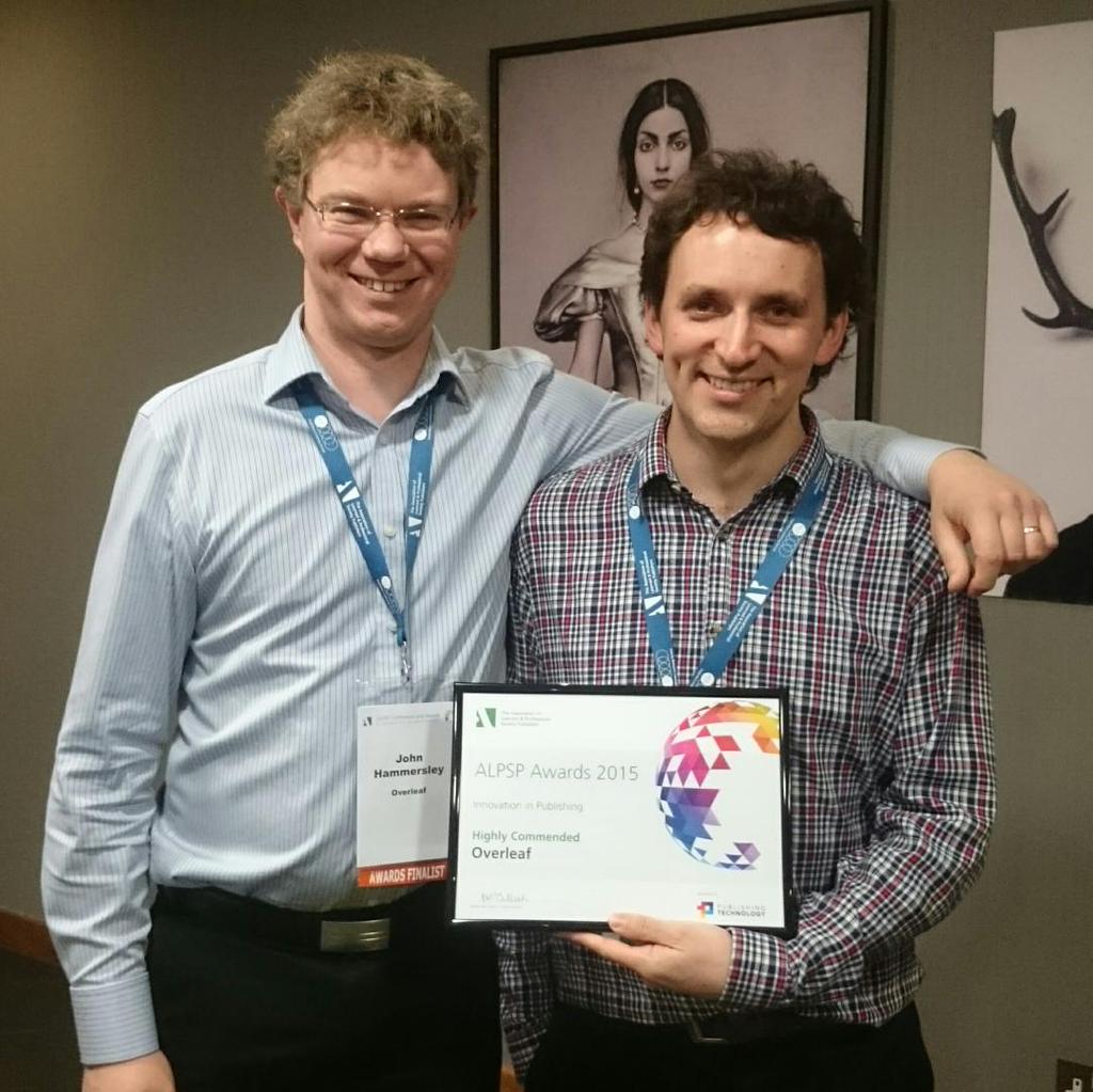 Overleaf co-founders John Hammersley and John Lees-Miller receive the award at alpsp15