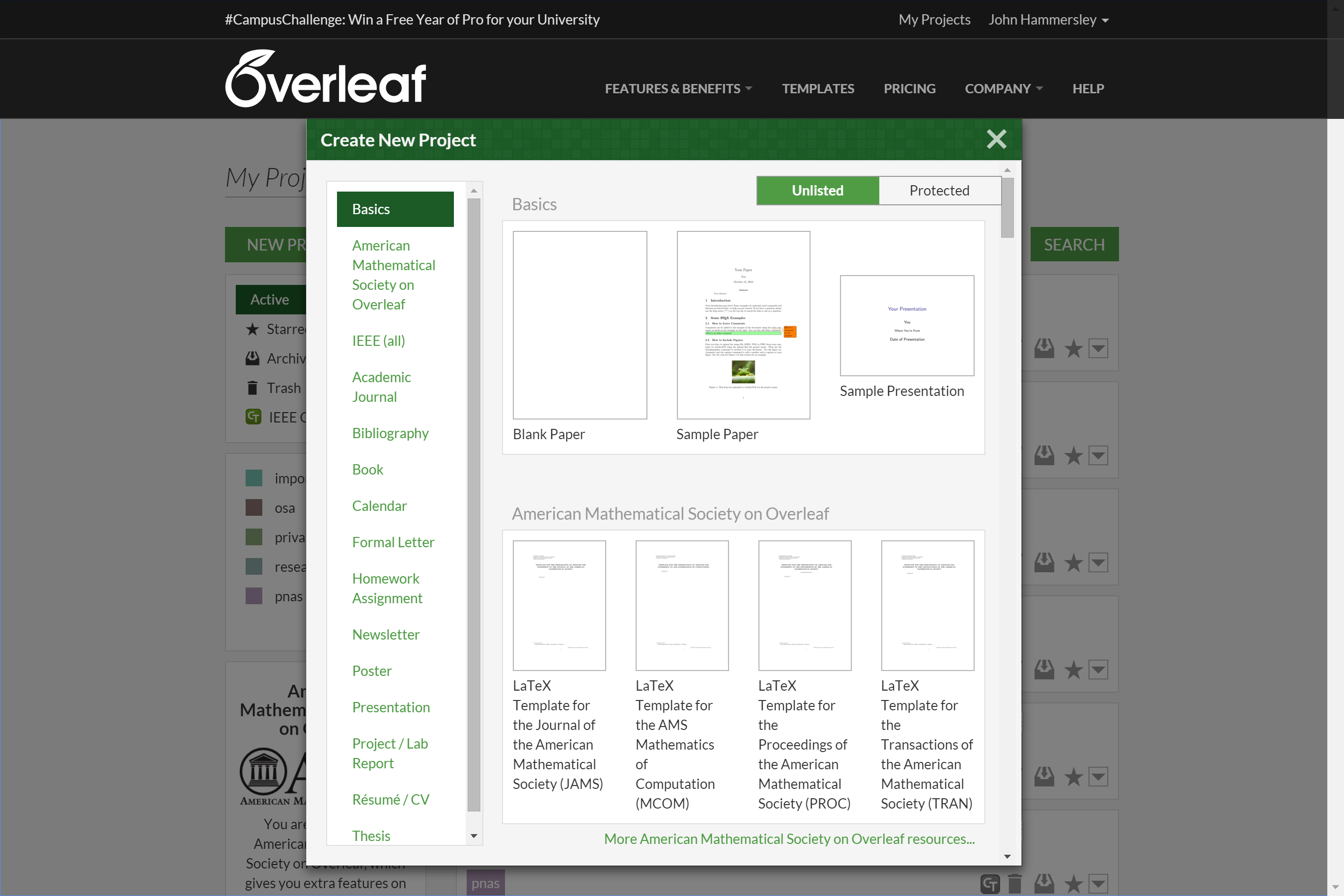 Overleaf University and Society templates featured in new project modal