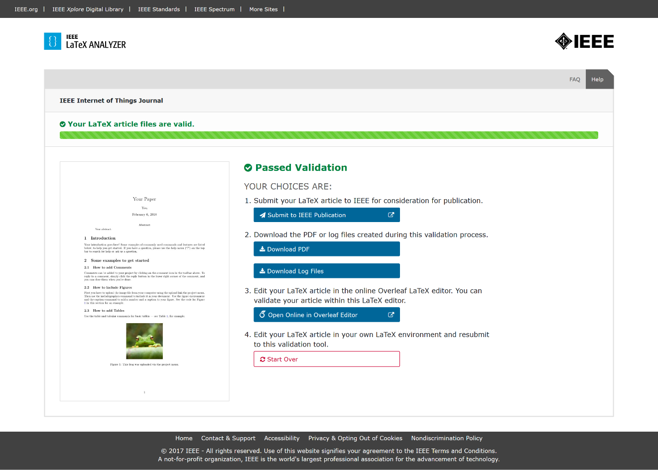 Image of a LaTeX file passing the validation tests of the IEEE LaTeX Analyzer service