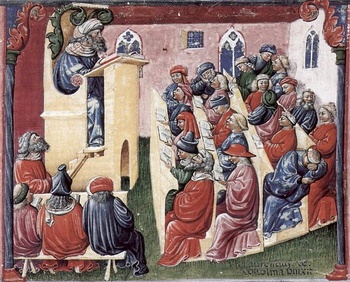 painting of a lecture from the 14th century