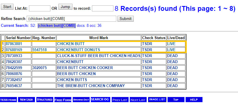 Trademark search with live search results