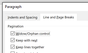 Line and Page Breaks tab in the Paragraph dialogue box