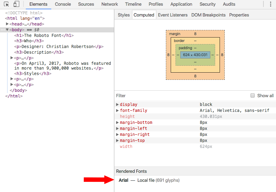 Practice file in web Chrome inspecting body element.