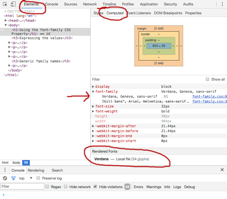 Practice file web browser tools showing Verdana, Geneva, sans-serif font stack used for the h1 element.