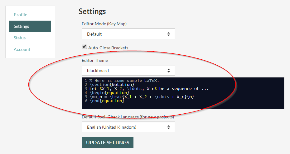 Overleaf editor themes selection settings