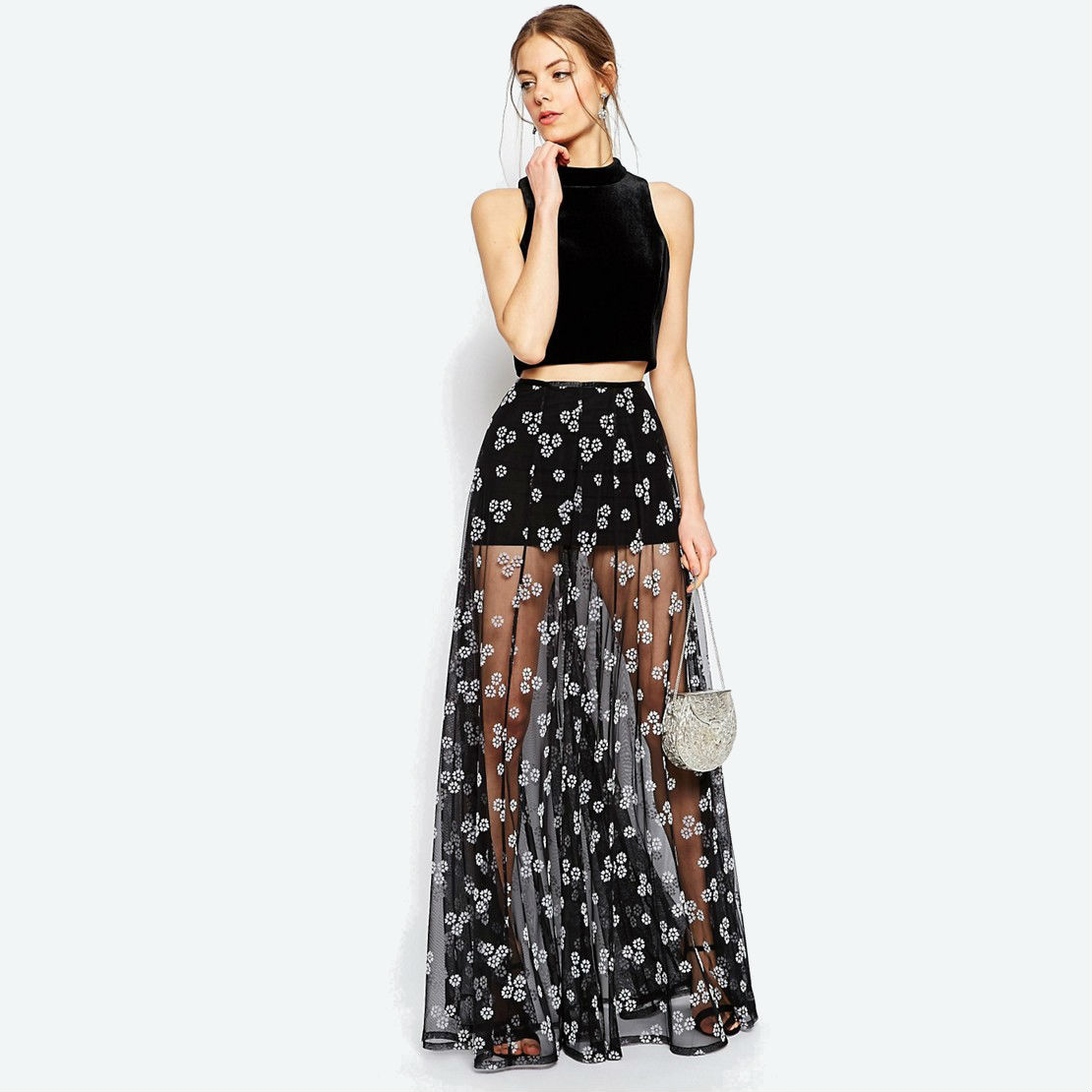 sheer floral maxi skirt