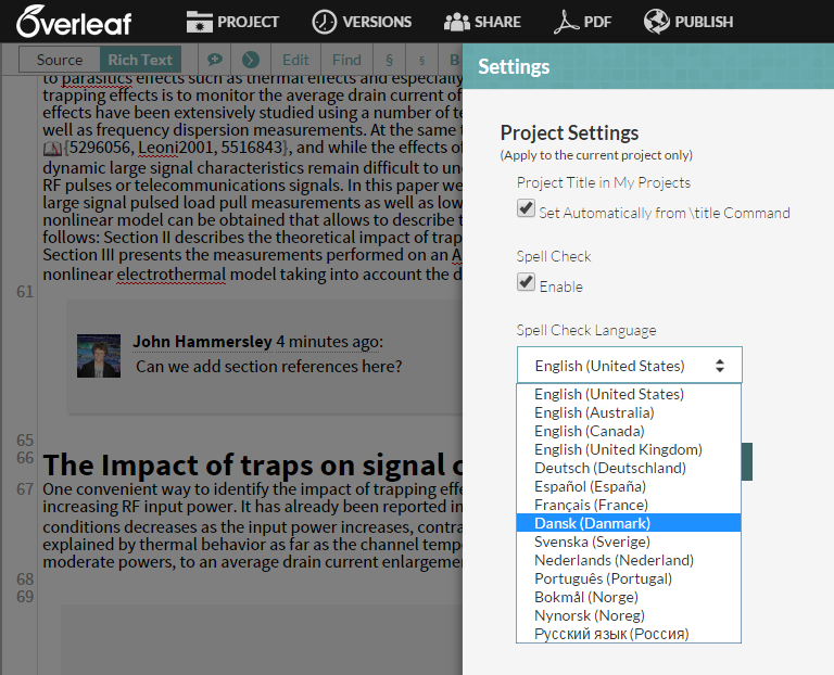 Overleaf spell check selection settings in project editor