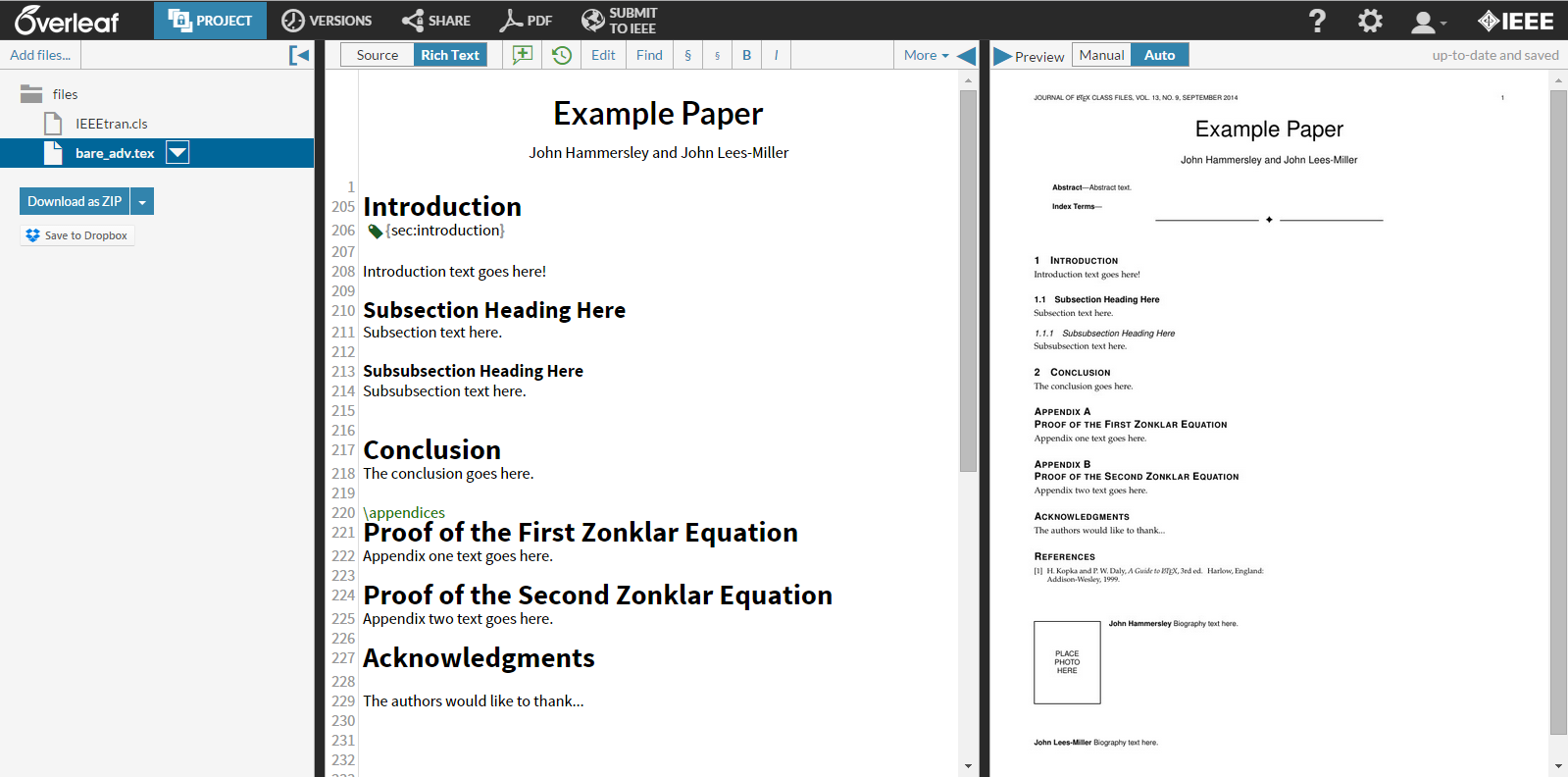 Overleaf editor screenshot showing IEEE branded editor and template with metadata